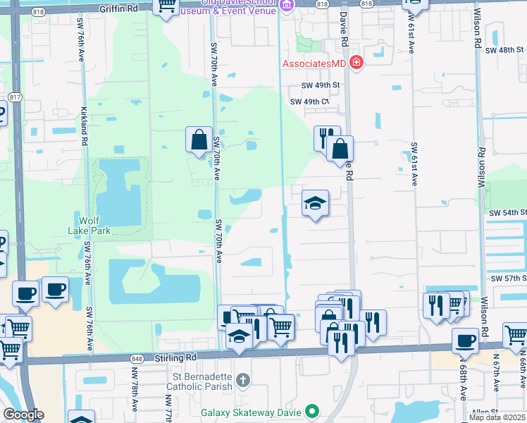 map of restaurants, bars, coffee shops, grocery stores, and more near 5400 Southwest 70th Avenue in Davie