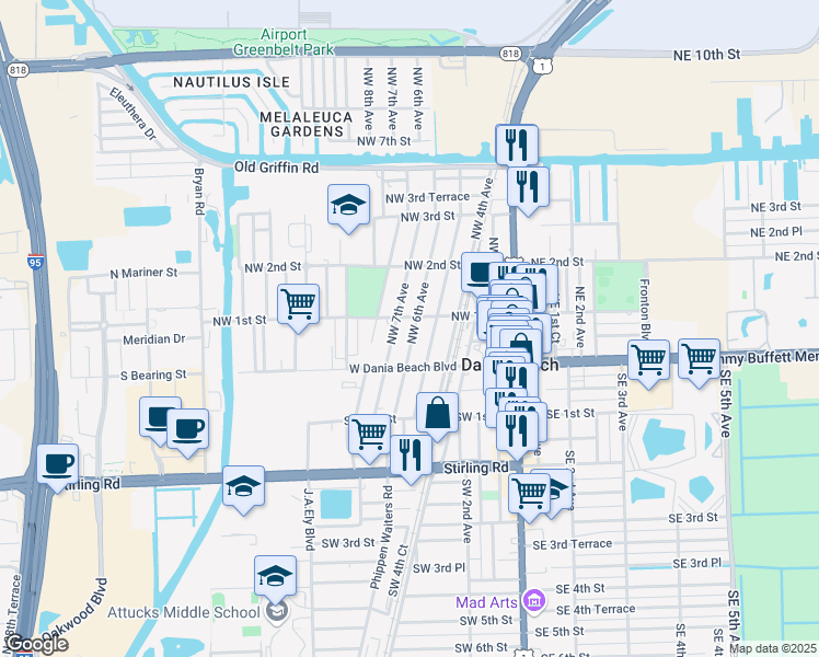map of restaurants, bars, coffee shops, grocery stores, and more near 37 Northwest 6th Avenue in Dania Beach