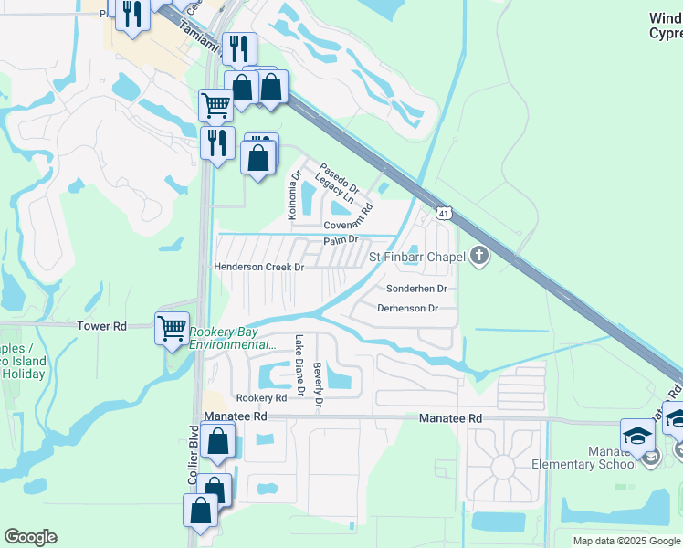 map of restaurants, bars, coffee shops, grocery stores, and more near 1366 Henderson Creek Drive in Naples