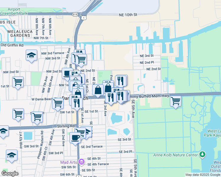map of restaurants, bars, coffee shops, grocery stores, and more near 247 Northeast 1st Terrace in Dania Beach