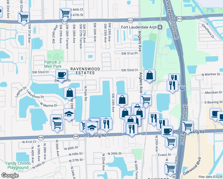 map of restaurants, bars, coffee shops, grocery stores, and more near 5532 West Lake Drive in Fort Lauderdale