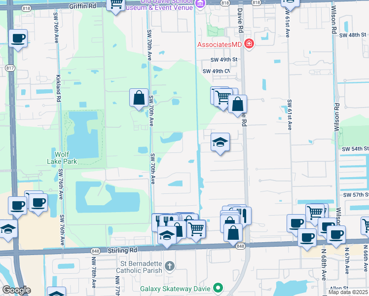 map of restaurants, bars, coffee shops, grocery stores, and more near 5400 Southwest 70th Avenue in Davie