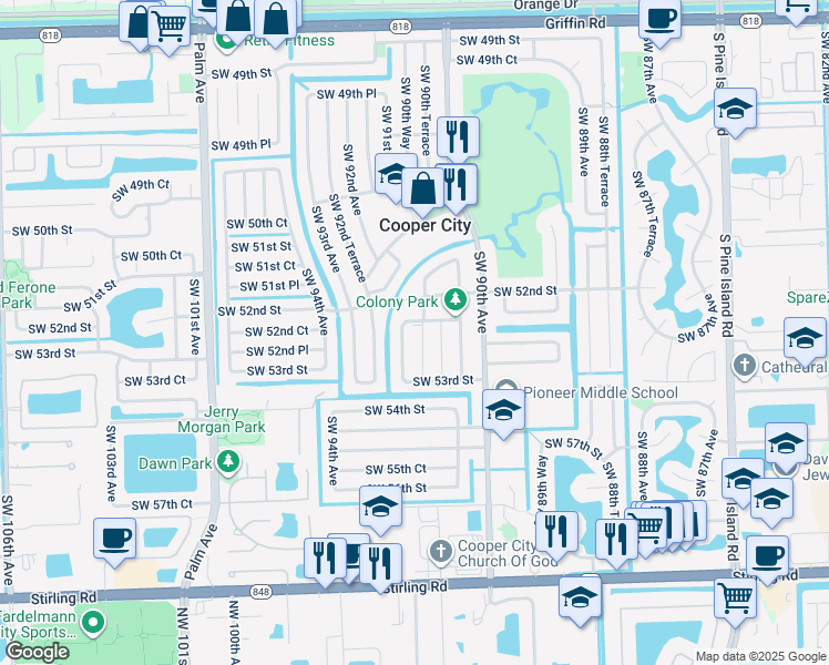 map of restaurants, bars, coffee shops, grocery stores, and more near 5206 Southwest 91st Terrace in Cooper City