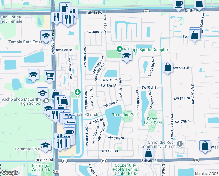 map of restaurants, bars, coffee shops, grocery stores, and more near 5219 Southwest 117th Avenue in Cooper City