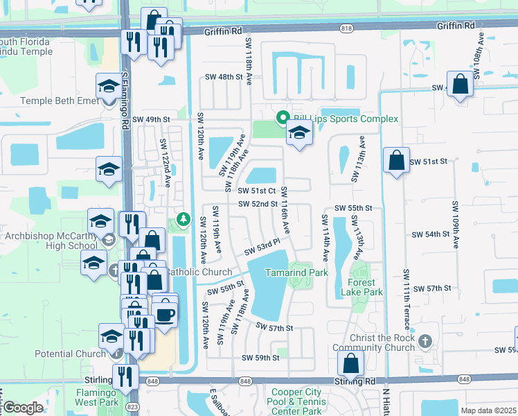 map of restaurants, bars, coffee shops, grocery stores, and more near 5219 Southwest 117th Avenue in Cooper City