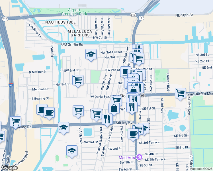 map of restaurants, bars, coffee shops, grocery stores, and more near 37 Northwest 6th Avenue in Dania Beach