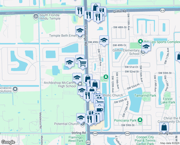 map of restaurants, bars, coffee shops, grocery stores, and more near 12389 Southwest 52nd Place in Cooper City