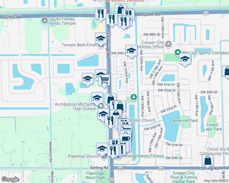 map of restaurants, bars, coffee shops, grocery stores, and more near 12372 Southwest 52nd Court in Cooper City