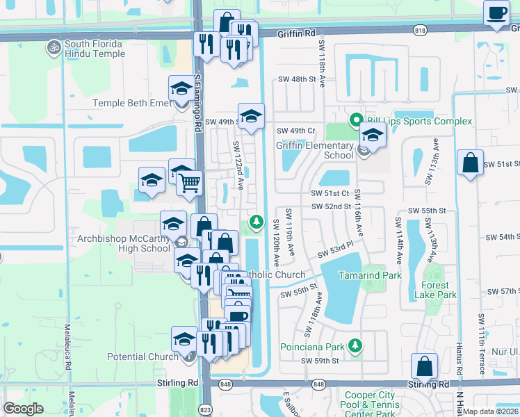 map of restaurants, bars, coffee shops, grocery stores, and more near 5263 Southwest 121st Avenue in Cooper City