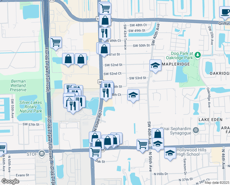 map of restaurants, bars, coffee shops, grocery stores, and more near 4381 Southwest 54th Court in Fort Lauderdale