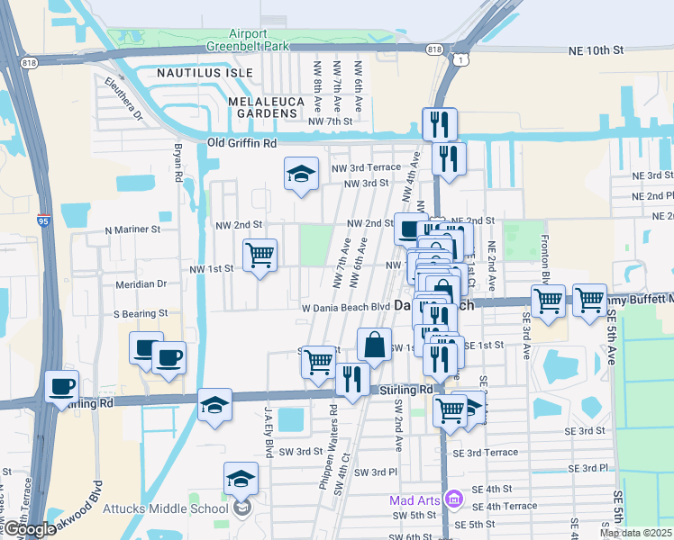 map of restaurants, bars, coffee shops, grocery stores, and more near 37 Northwest 6th Avenue in Dania Beach