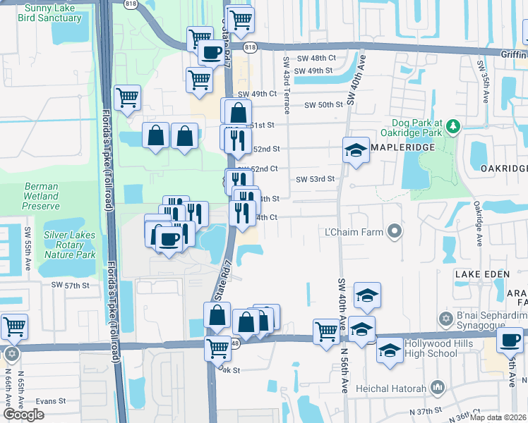 map of restaurants, bars, coffee shops, grocery stores, and more near 4381 Southwest 54th Court in Fort Lauderdale