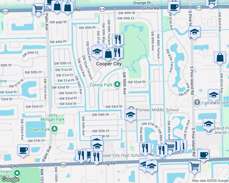 map of restaurants, bars, coffee shops, grocery stores, and more near 5220 Southwest 90th Way in Cooper City