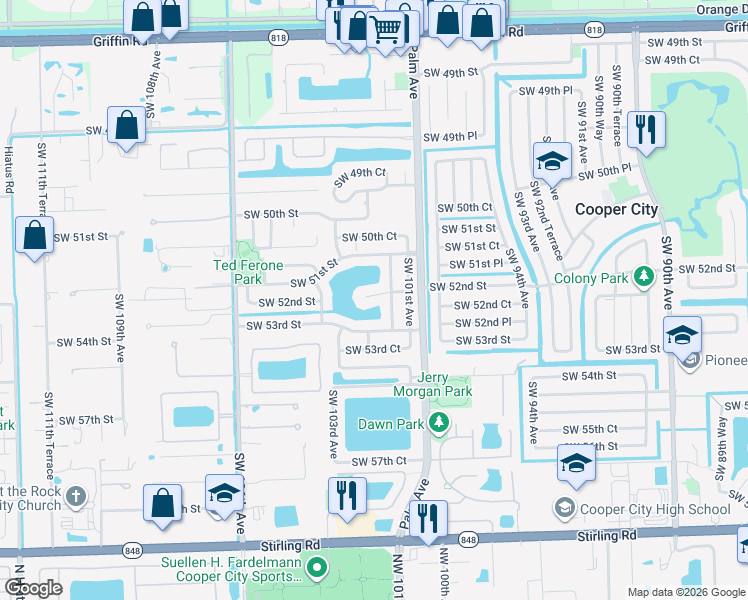 map of restaurants, bars, coffee shops, grocery stores, and more near 5221 Southwest 101st Terrace in Cooper City