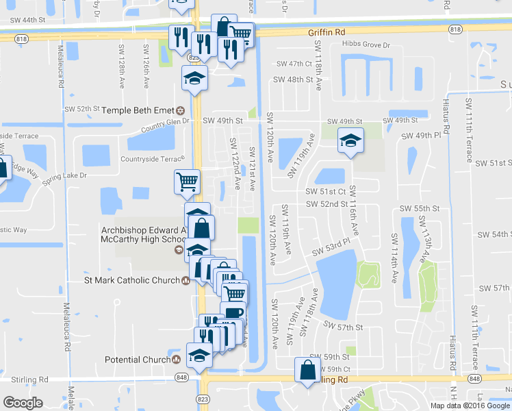map of restaurants, bars, coffee shops, grocery stores, and more near 5263 Southwest 121st Avenue in Cooper City