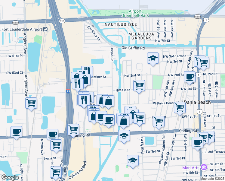 map of restaurants, bars, coffee shops, grocery stores, and more near 1798 Northwest 1st Street in Dania Beach