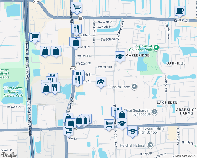 map of restaurants, bars, coffee shops, grocery stores, and more near 4255 Southwest 54th Court in Fort Lauderdale