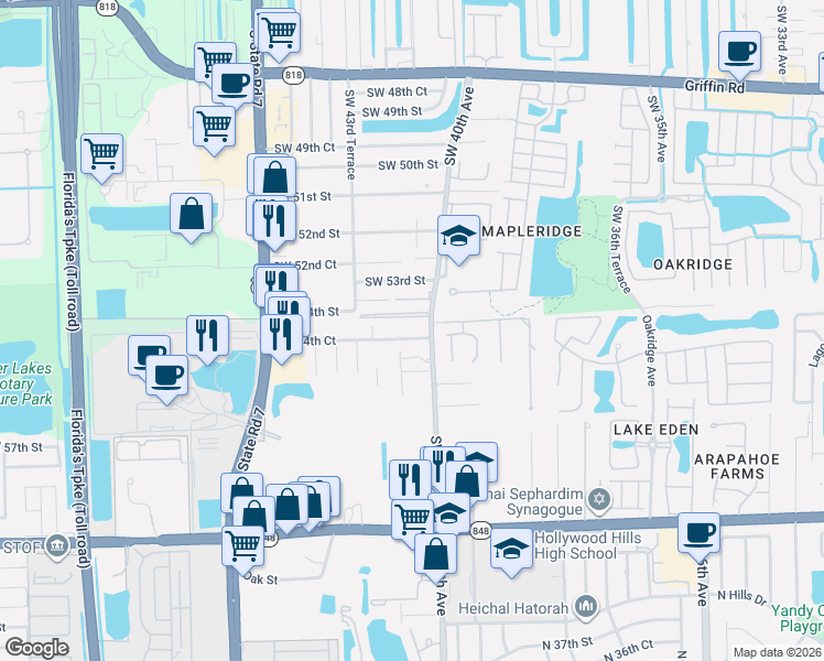 map of restaurants, bars, coffee shops, grocery stores, and more near 4031 Southwest 54th Court in Fort Lauderdale