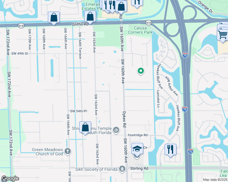 map of restaurants, bars, coffee shops, grocery stores, and more near 5301 Southwest 162nd Avenue in Southwest Ranches
