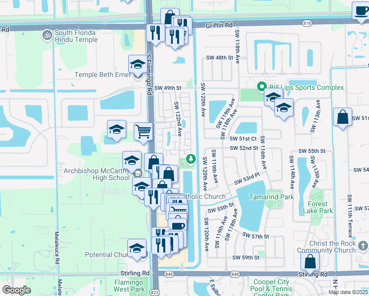 map of restaurants, bars, coffee shops, grocery stores, and more near 5263 Southwest 121st Avenue in Cooper City