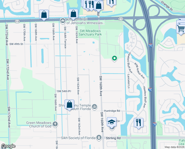 map of restaurants, bars, coffee shops, grocery stores, and more near 5301 Southwest 162nd Avenue in Southwest Ranches