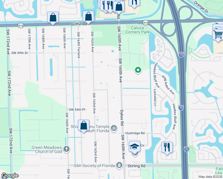 map of restaurants, bars, coffee shops, grocery stores, and more near 5301 Southwest 162nd Avenue in Southwest Ranches