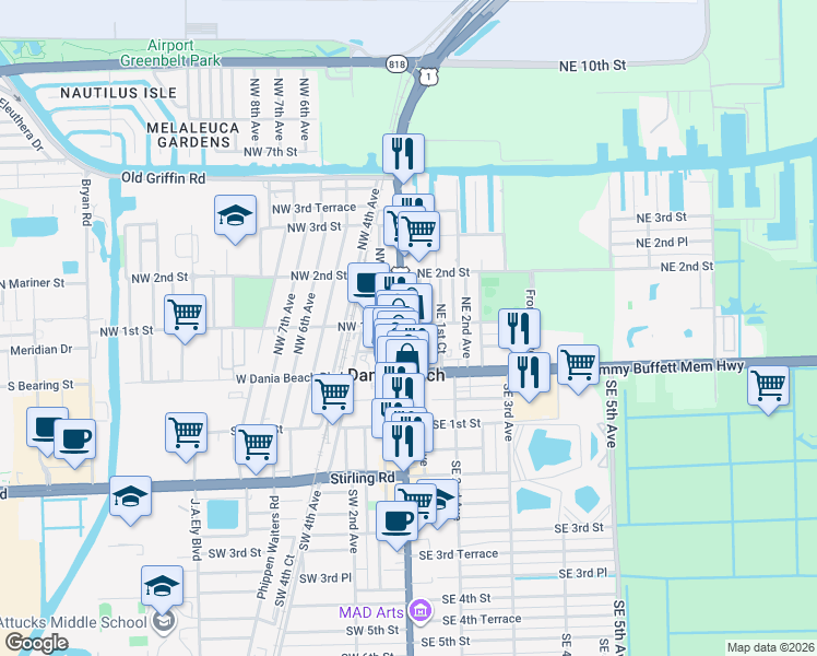 map of restaurants, bars, coffee shops, grocery stores, and more near 52 U.S. 1 in Dania Beach