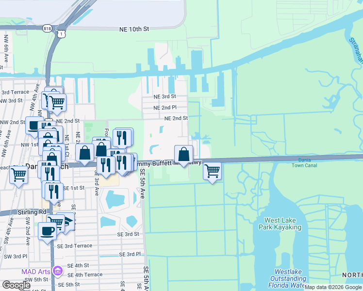 map of restaurants, bars, coffee shops, grocery stores, and more near 801 East Dania Beach Boulevard in Dania Beach