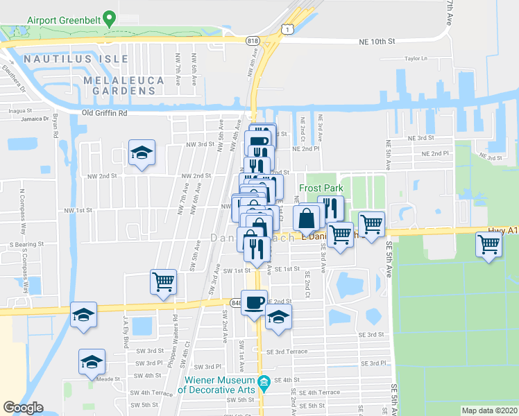 map of restaurants, bars, coffee shops, grocery stores, and more near 52 U.S. 1 in Dania Beach