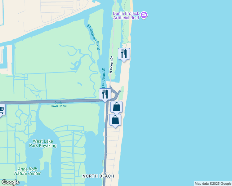 map of restaurants, bars, coffee shops, grocery stores, and more near E Dania Beach Blvd in Dania Beach