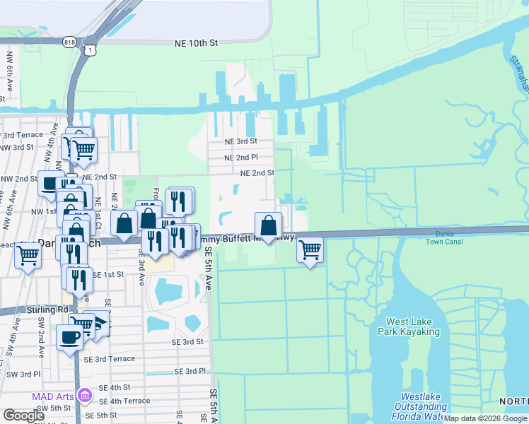 map of restaurants, bars, coffee shops, grocery stores, and more near 801 East Dania Beach Boulevard in Dania Beach