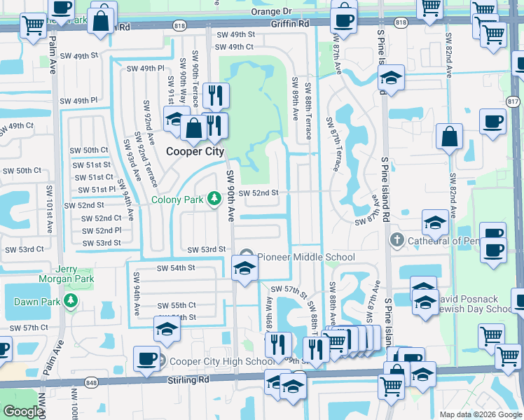 map of restaurants, bars, coffee shops, grocery stores, and more near 8961 Southwest 52nd Place in Cooper City