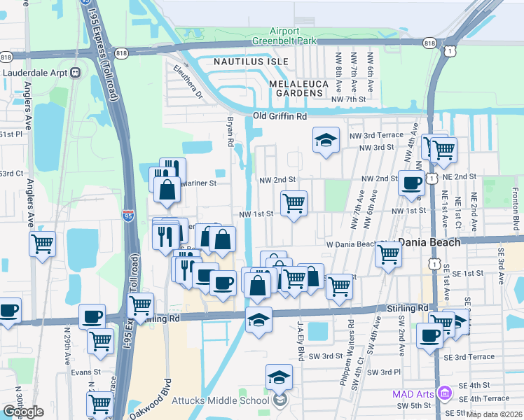 map of restaurants, bars, coffee shops, grocery stores, and more near 23 Northwest 14th Court in Dania Beach