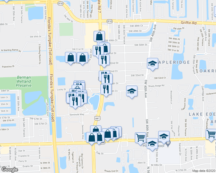 map of restaurants, bars, coffee shops, grocery stores, and more near 42 Southwest 54th Court in Fort Lauderdale