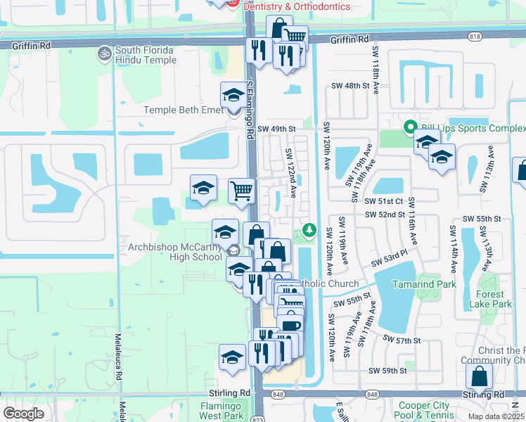 map of restaurants, bars, coffee shops, grocery stores, and more near 12389 Southwest 52nd Place in Cooper City