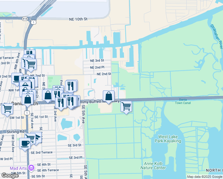 map of restaurants, bars, coffee shops, grocery stores, and more near 801 East Dania Beach Boulevard in Dania Beach
