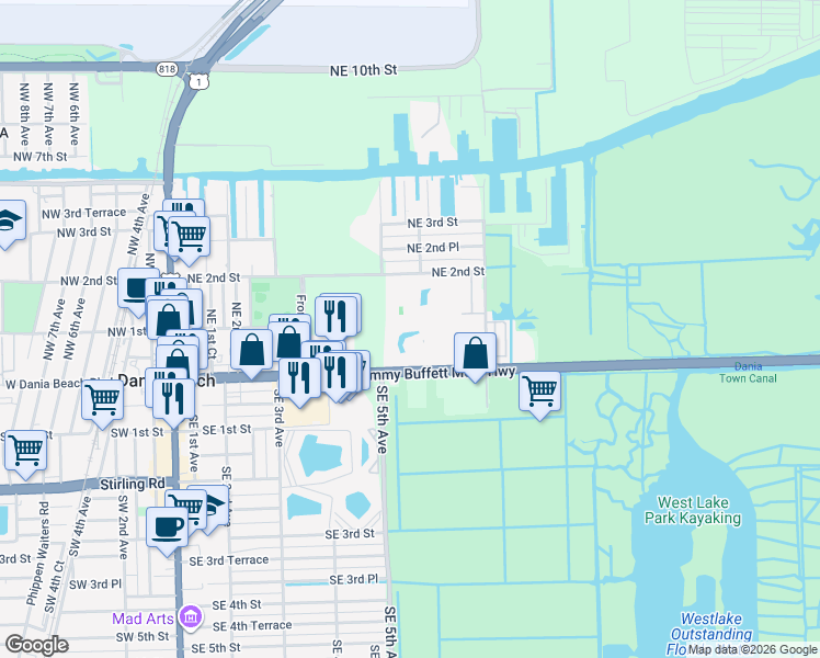 map of restaurants, bars, coffee shops, grocery stores, and more near 501 East Dania Beach Boulevard in Dania Beach
