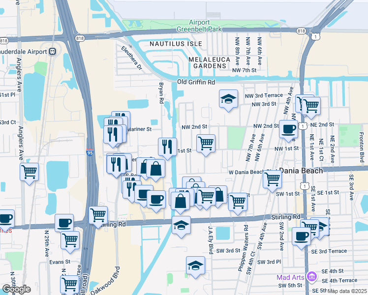 map of restaurants, bars, coffee shops, grocery stores, and more near 23 Northwest 14th Court in Dania Beach