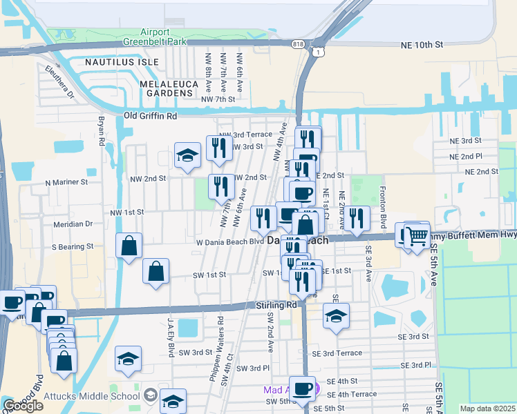 map of restaurants, bars, coffee shops, grocery stores, and more near 29 Northwest 4th Avenue in Dania Beach