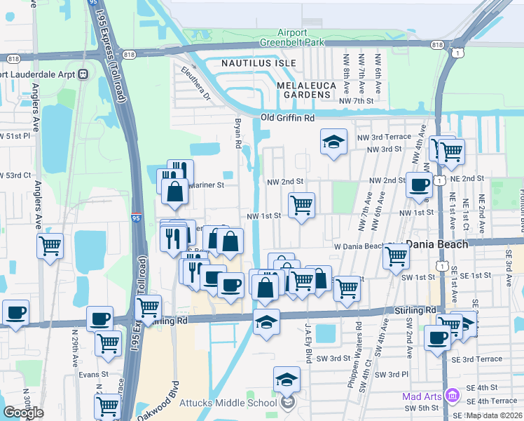 map of restaurants, bars, coffee shops, grocery stores, and more near 23 Northwest 14th Court in Dania Beach