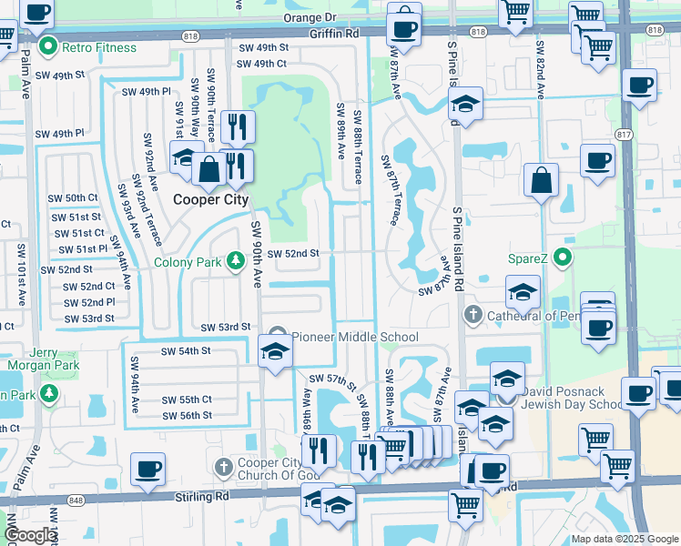 map of restaurants, bars, coffee shops, grocery stores, and more near 5231 Southwest 89th Avenue in Cooper City