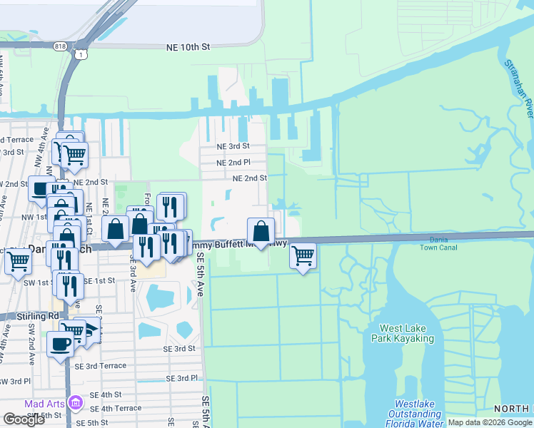 map of restaurants, bars, coffee shops, grocery stores, and more near 801 East Dania Beach Boulevard in Dania Beach