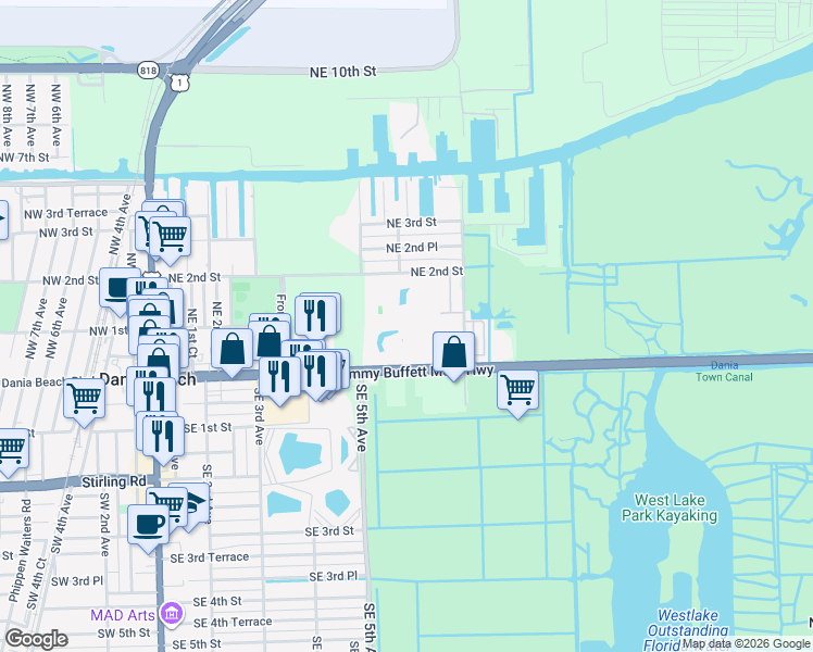 map of restaurants, bars, coffee shops, grocery stores, and more near 619 East Dania Beach Boulevard in Dania Beach