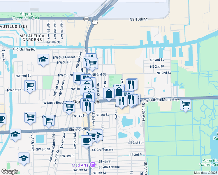 map of restaurants, bars, coffee shops, grocery stores, and more near 215 Northeast 2nd Court in Dania Beach