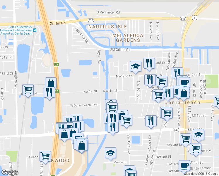 map of restaurants, bars, coffee shops, grocery stores, and more near 23 Northwest 14th Court in Dania Beach