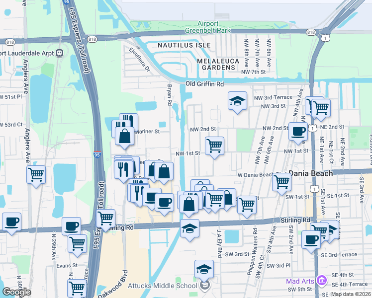 map of restaurants, bars, coffee shops, grocery stores, and more near 23 Northwest 14th Court in Dania Beach