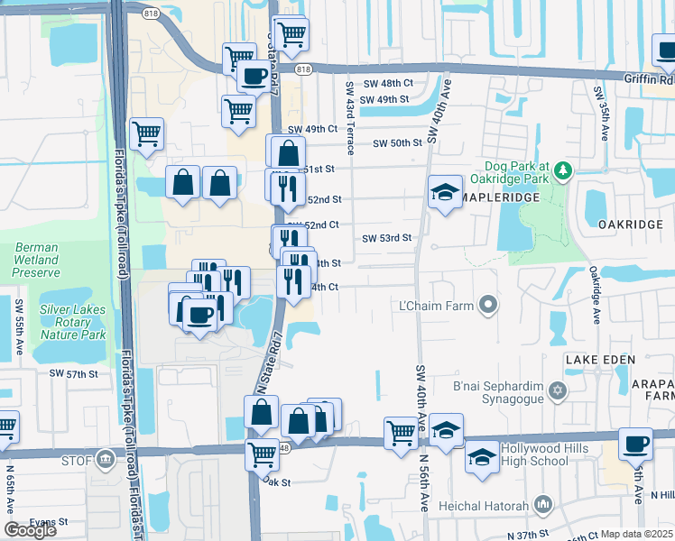 map of restaurants, bars, coffee shops, grocery stores, and more near 4381 Southwest 54th Court in Fort Lauderdale
