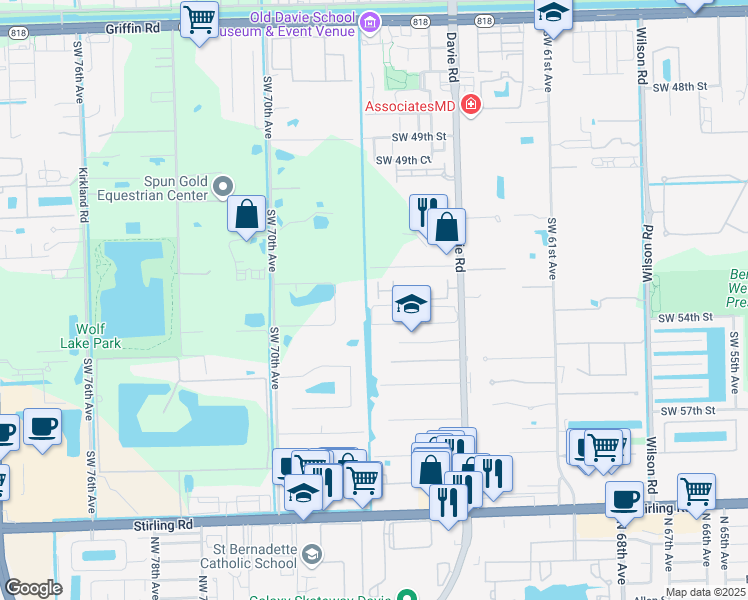 map of restaurants, bars, coffee shops, grocery stores, and more near 67 Palm Trace Landings Drive in Davie
