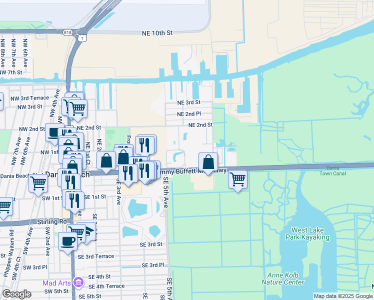 map of restaurants, bars, coffee shops, grocery stores, and more near 619 East Dania Beach Boulevard in Dania Beach