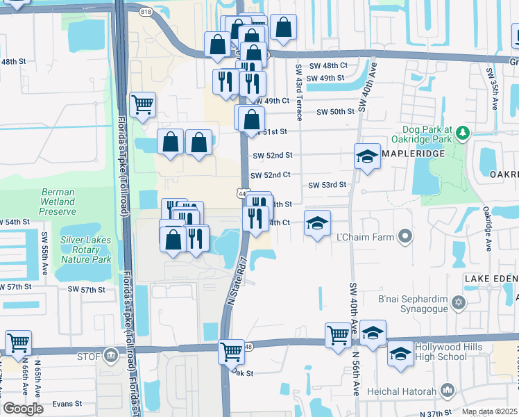 map of restaurants, bars, coffee shops, grocery stores, and more near 4521 Southwest 54th Street in Fort Lauderdale